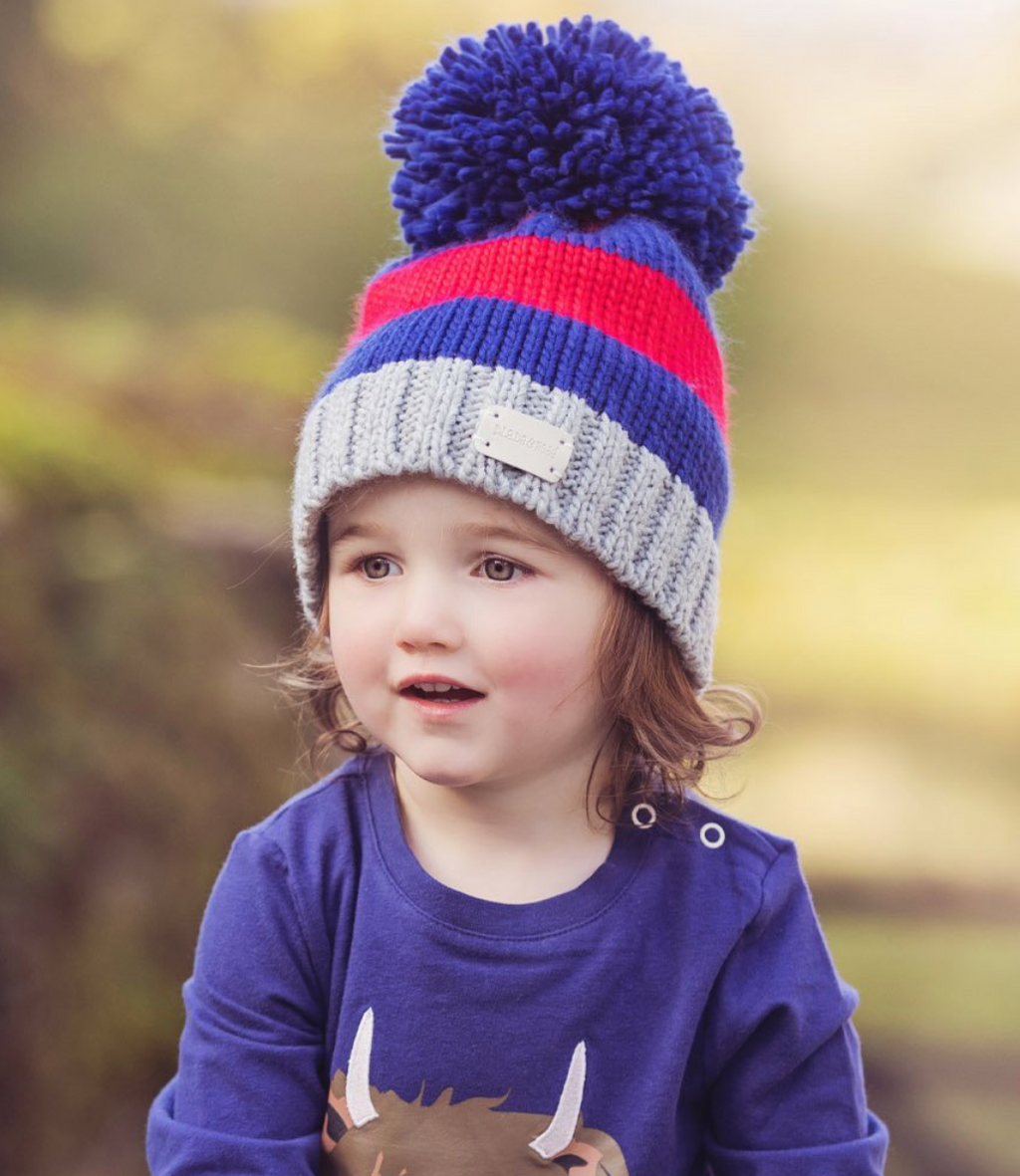 Red & Blue Striped Bobble Hat