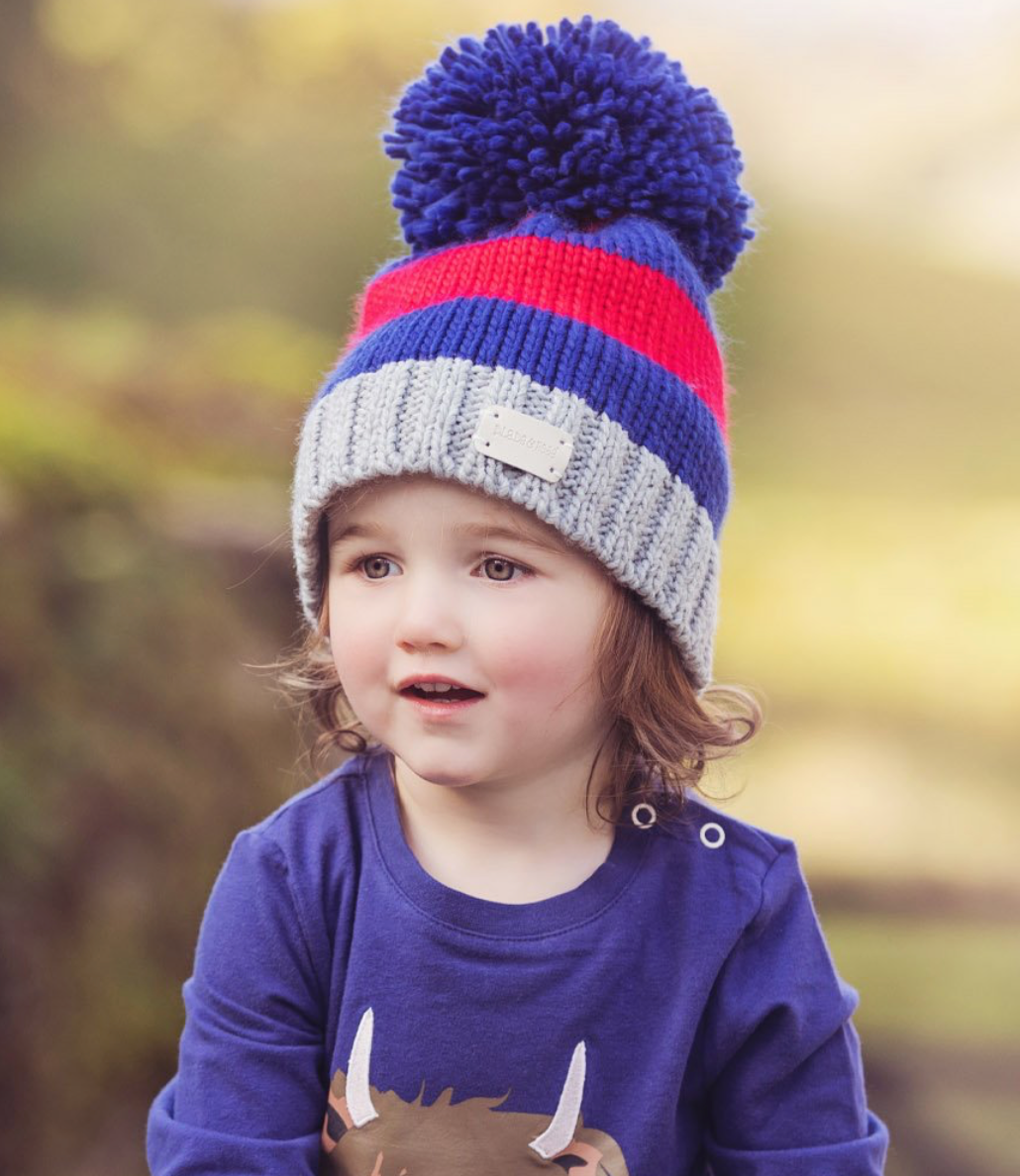 Red & Blue Striped Bobble Hat