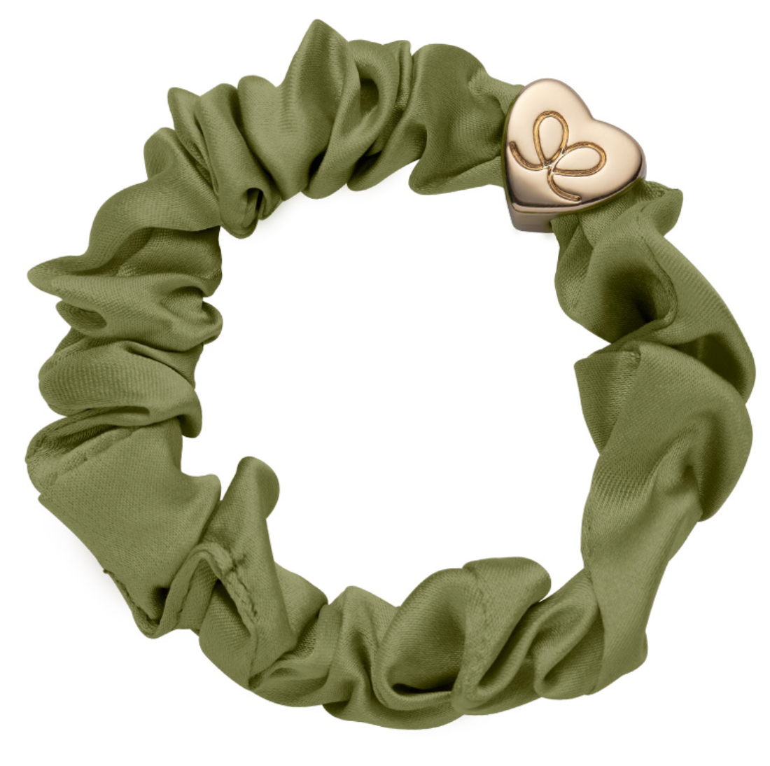 Gold Heart Silk Scrunchie - Olive Green