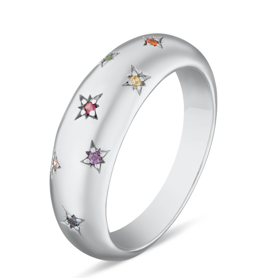 Celestial Dome Ring With Rainbow Stones - Sterling Silver
