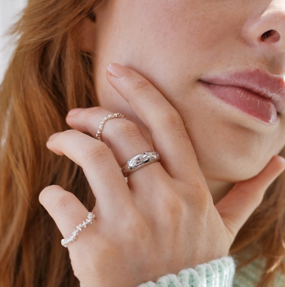 Celestial Dome Ring With Rainbow Stones - Sterling Silver