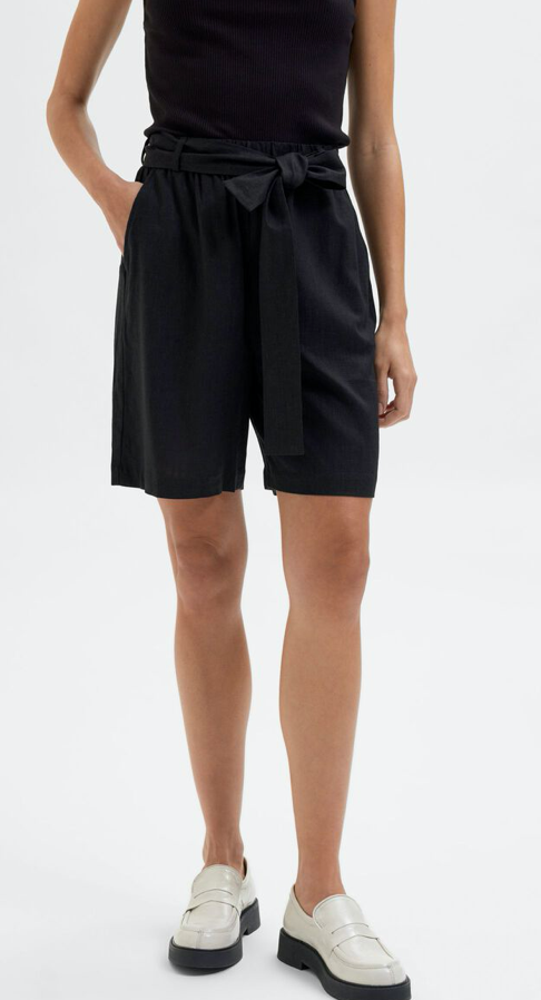 Linen Blend High Waist Shorts - Black