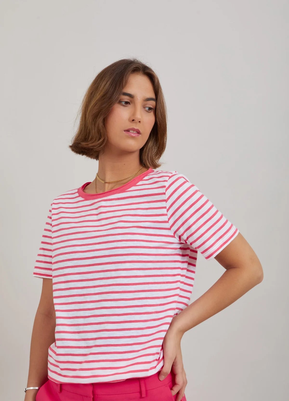T-shirt with Stripes- Intense Pink