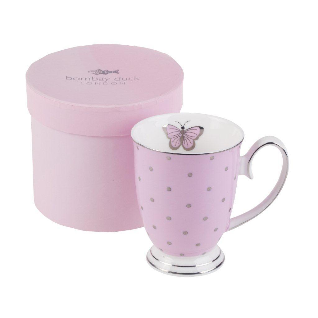 miss Darcy mug, tea rose pink with silver spots