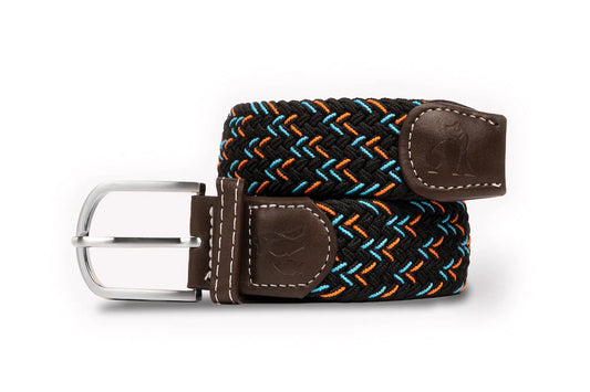 Recycled woven belt - black, orange and blue zig zag